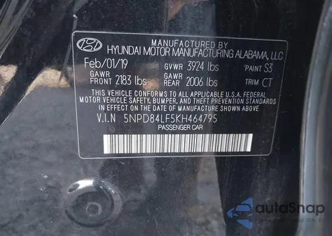 2019 Hyundai Elantra Value Edition z USA, uszkodzony, nr VIN 5NPD84LF5KH464795